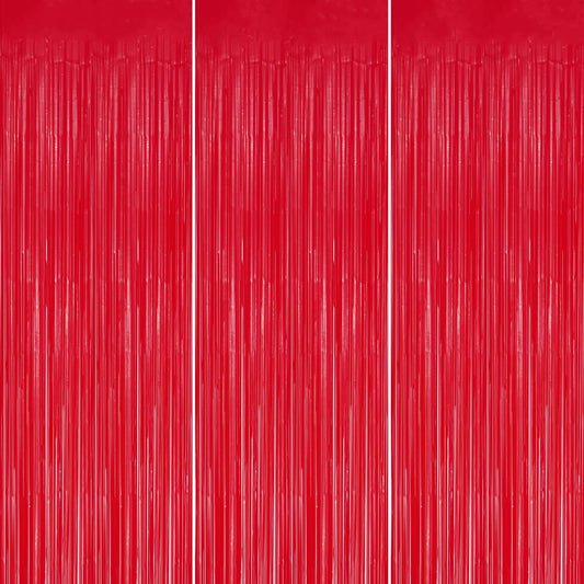 3 Pack Foil Fringe Backdrop - Pastel Red Shiny Tinsel Curtains for Party Decoration/Photo Booth