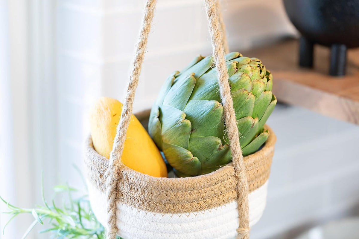 CEDAR+PINE 3-Tier Lined Hanging Fruit Basket Natural Woven Cotton with Strong Jute Rope Hanger in