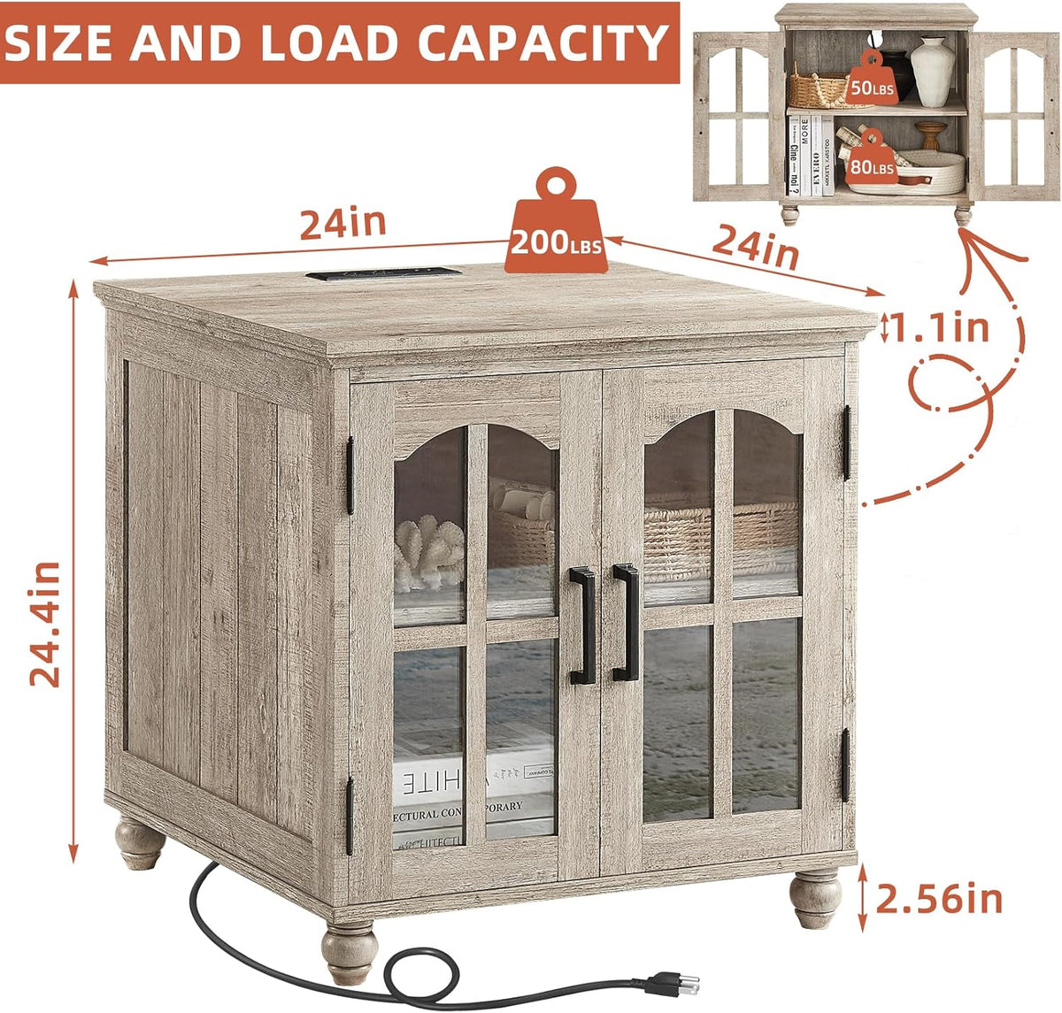 Farmhouse 24" End Table Set of 2 with Charging Station, Large Sofa Side Table with Glass Barn
