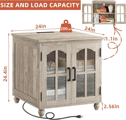 Farmhouse 24" End Table Set of 2 with Charging Station, Large Sofa Side Table with Glass Barn