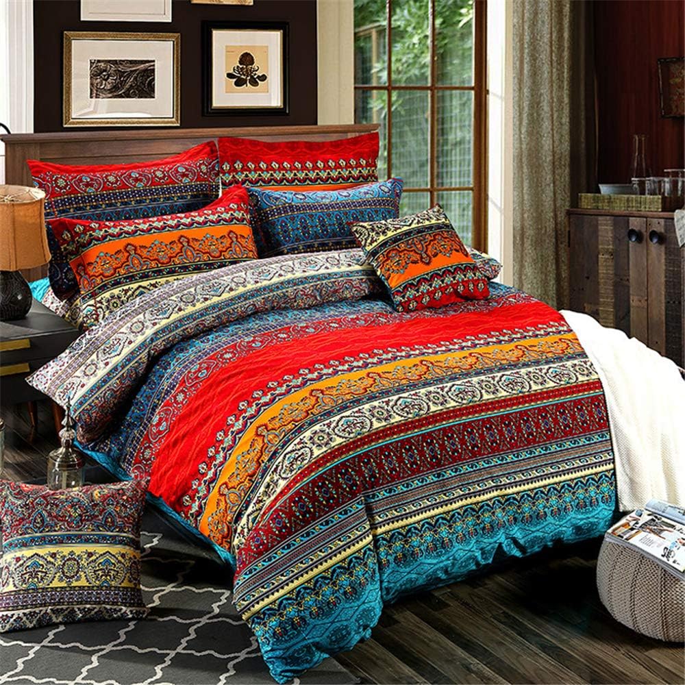 ABREEZE 3Pcs Bohemia Retro Bedding Ethnic Vintage Floral Duvet Cover Boho Bedding 100% Brushed