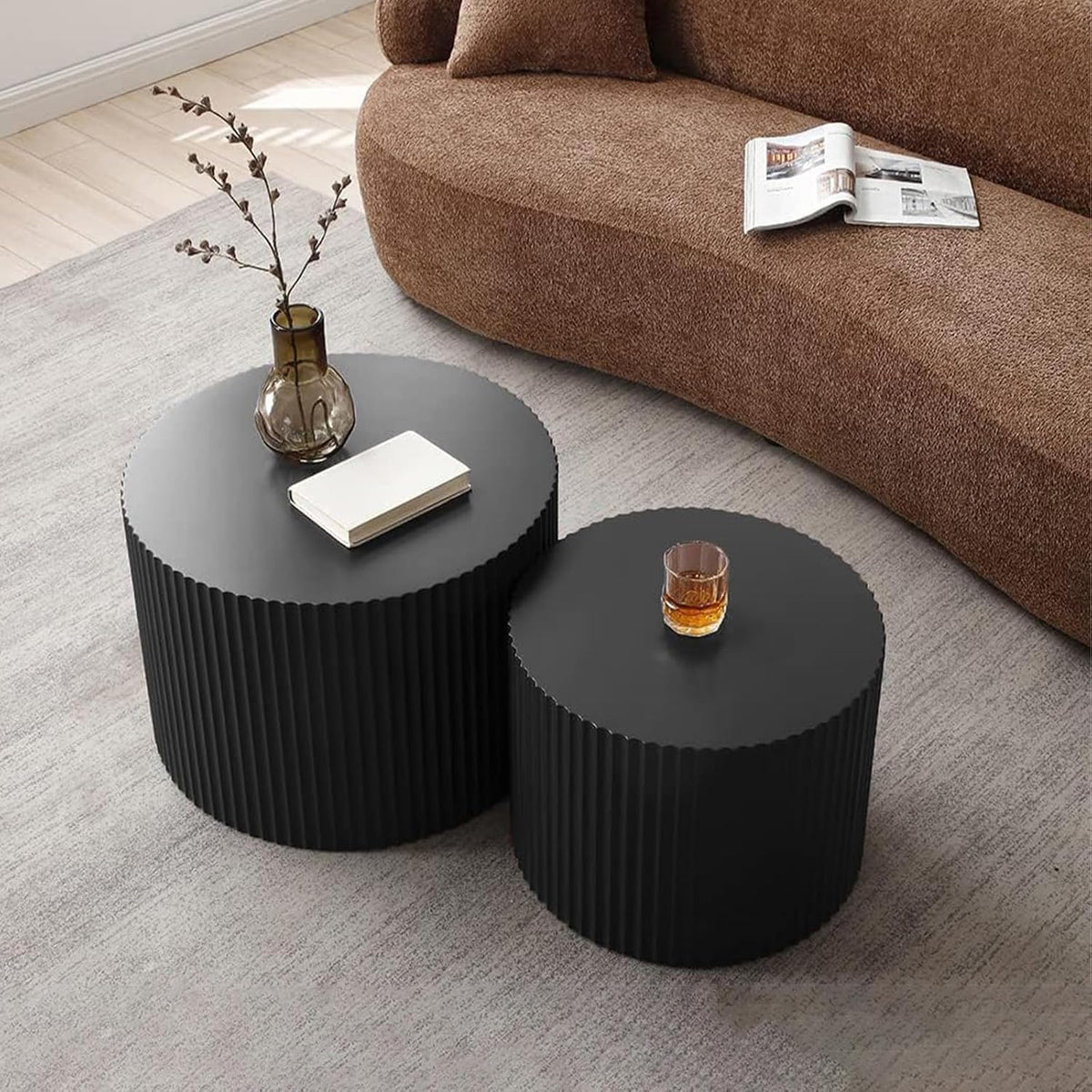 Round Nesting Coffee Table Black Round Fluted Coffee Table Set of 2 for Living Room Small Circle