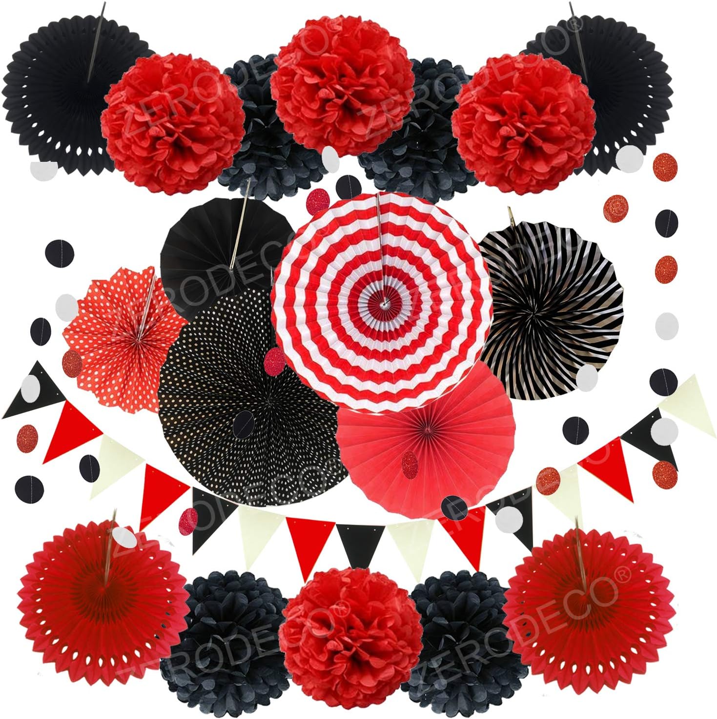 ZERODECO Party Decoration, 21 Pcs Black and Red Hanging Paper Fans Pom Poms Flowers, Garlands