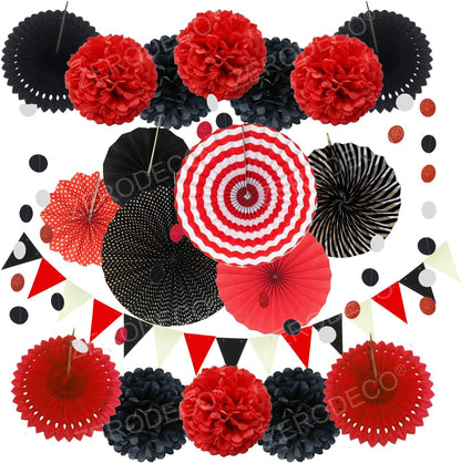 ZERODECO Party Decoration, 21 Pcs Black and Red Hanging Paper Fans Pom Poms Flowers, Garlands