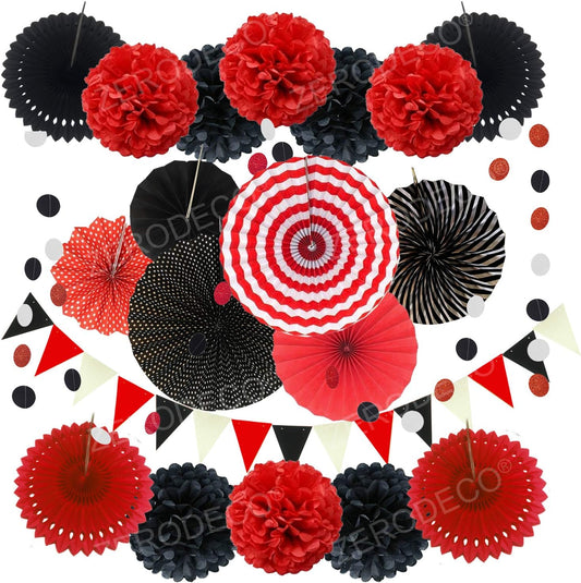 ZERODECO Party Decoration, 21 Pcs Black and Red Hanging Paper Fans Pom Poms Flowers, Garlands