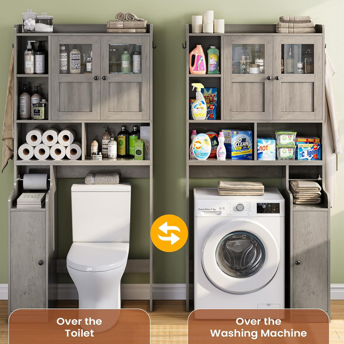 Itaar Over The Toilet Storage Cabinet, Over Toilet Bathroom Organizer with Glass Doors & Toilet