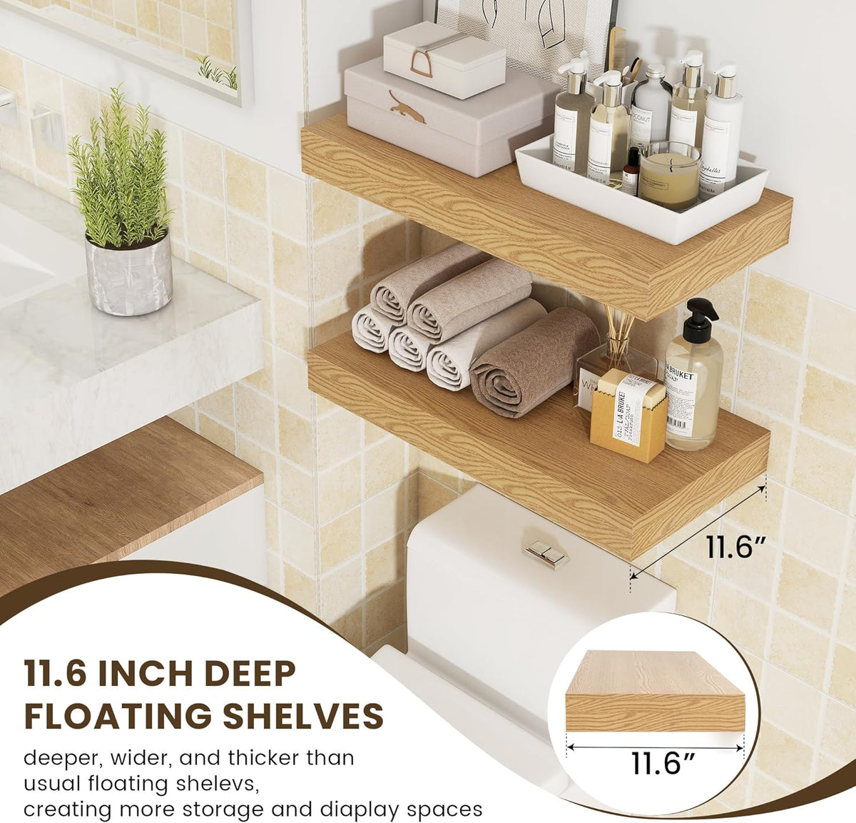 Deep Floating Shelves, 12 Inch Deep Rustic Floating Shelves Set of 2, 24 Inch Large Oak Wood Wall