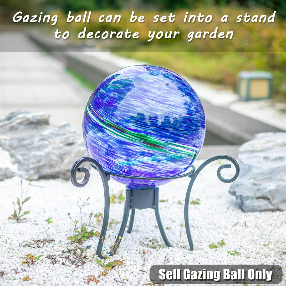 VCUTEKA Glass Outdoor Gazing Globe, Blue and Green Hand Painted Swirled Sphere for Patio Garden