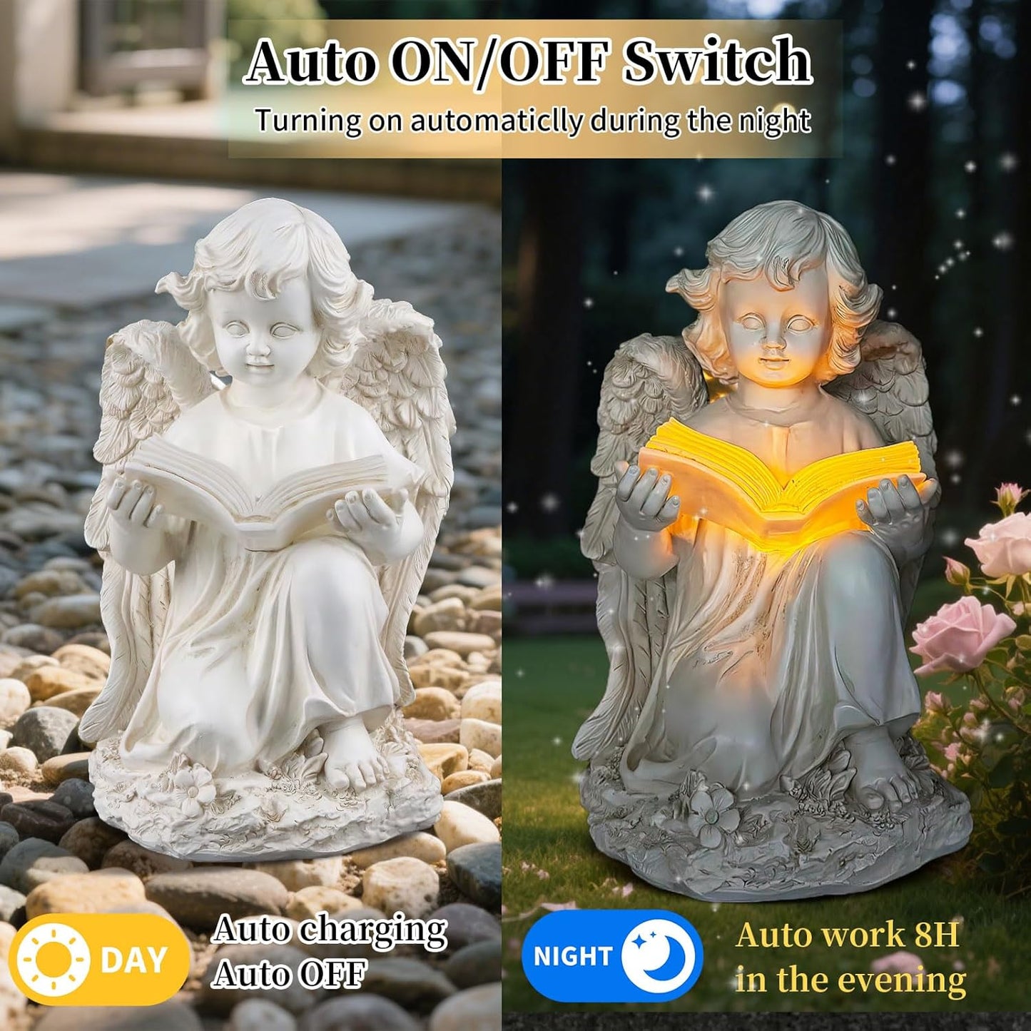 Garden Angel Statues for Outside, Solar Angel for Garden with Bible & Cemetery Decorations for
