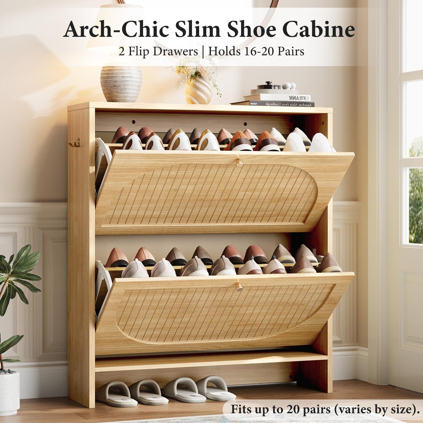 Nicetree Arch-Chic Shoe Cabinet for Entryway, Modern Mid-Century Shoe Storage Cabinet with Fluted