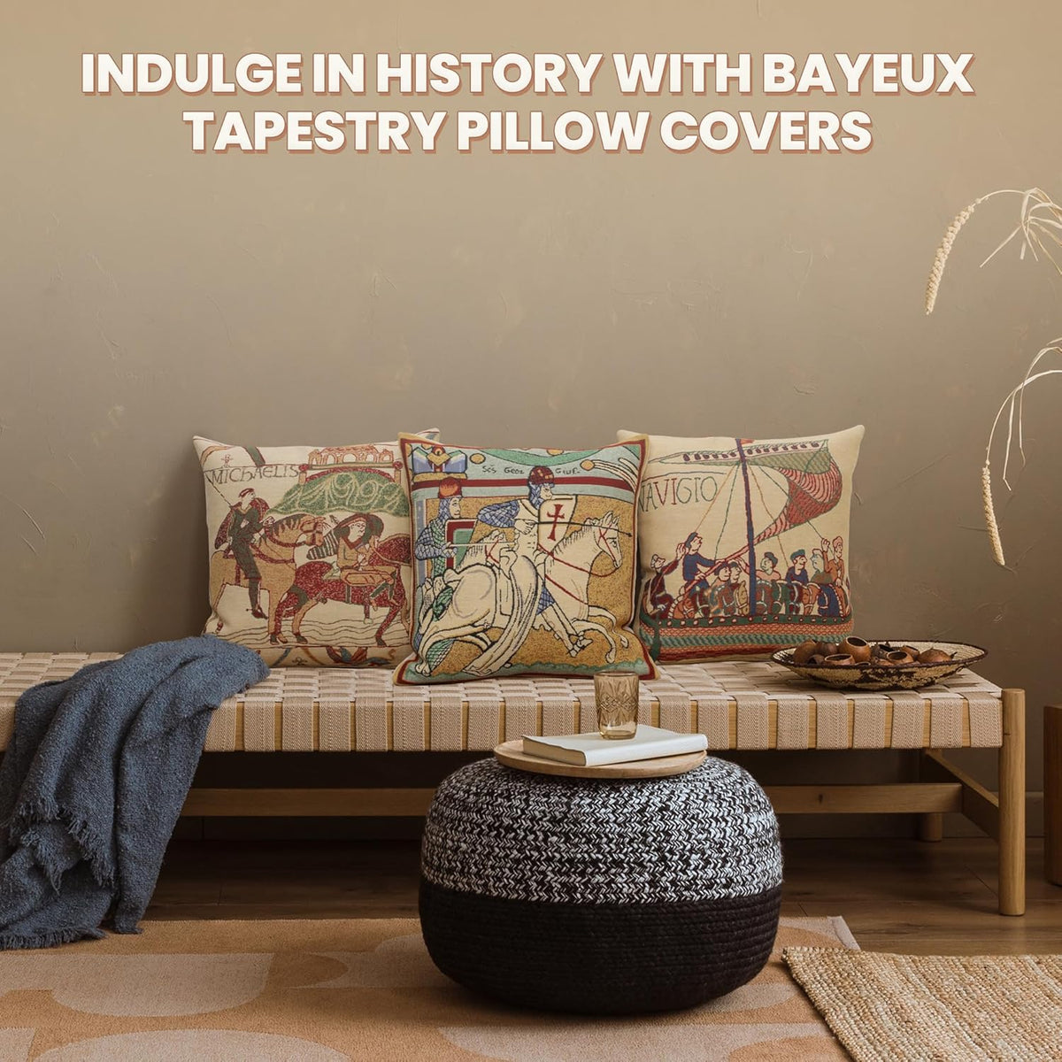 Charlotte Home Furnishings Bayeux Mare Throw Pillow Cover 16" x 16" – Medieval Ship Decorative