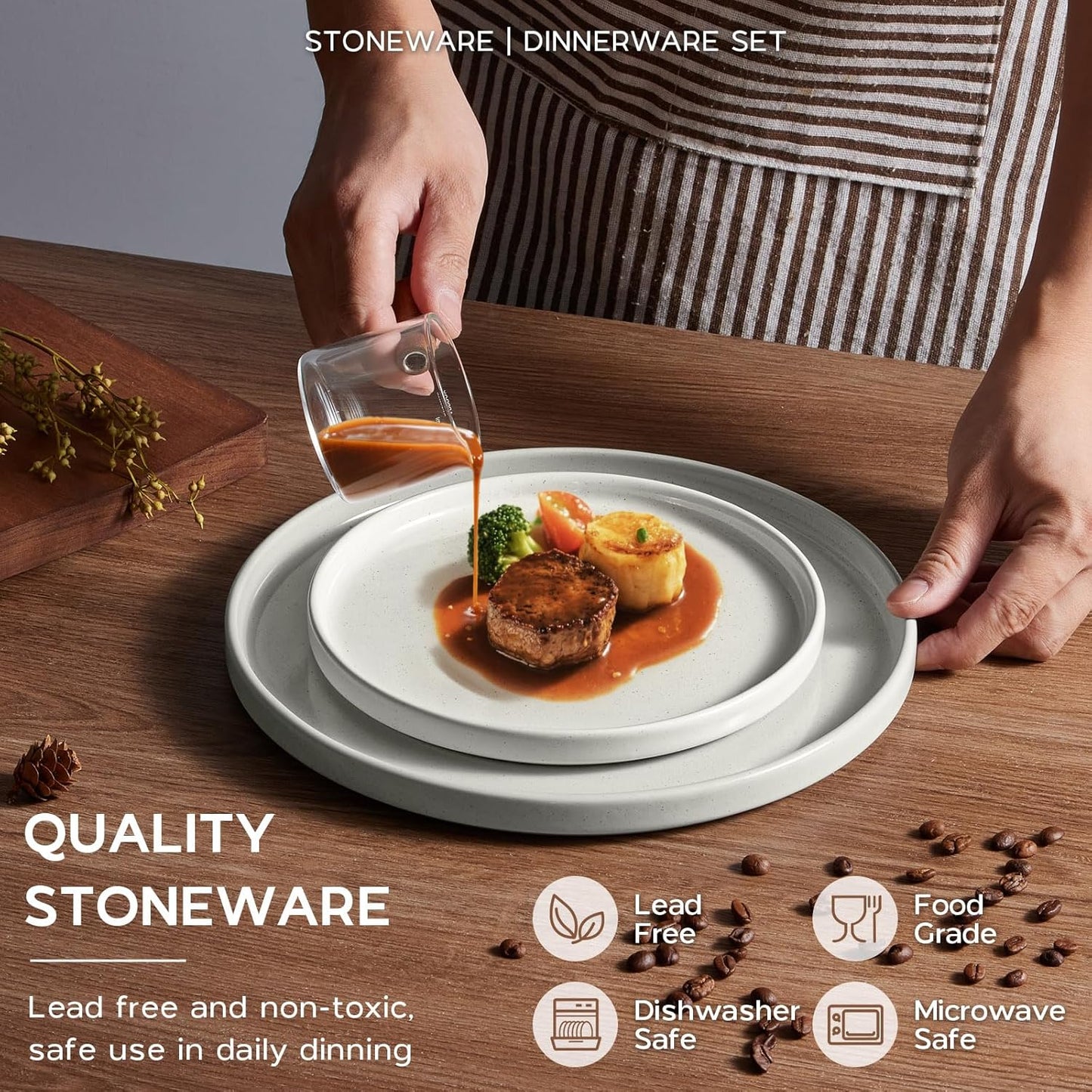 Stoneware Dinnerware Sets for 4 with Pasta Bowl, Onader 16 Piece Plates and Bowls Dish Set