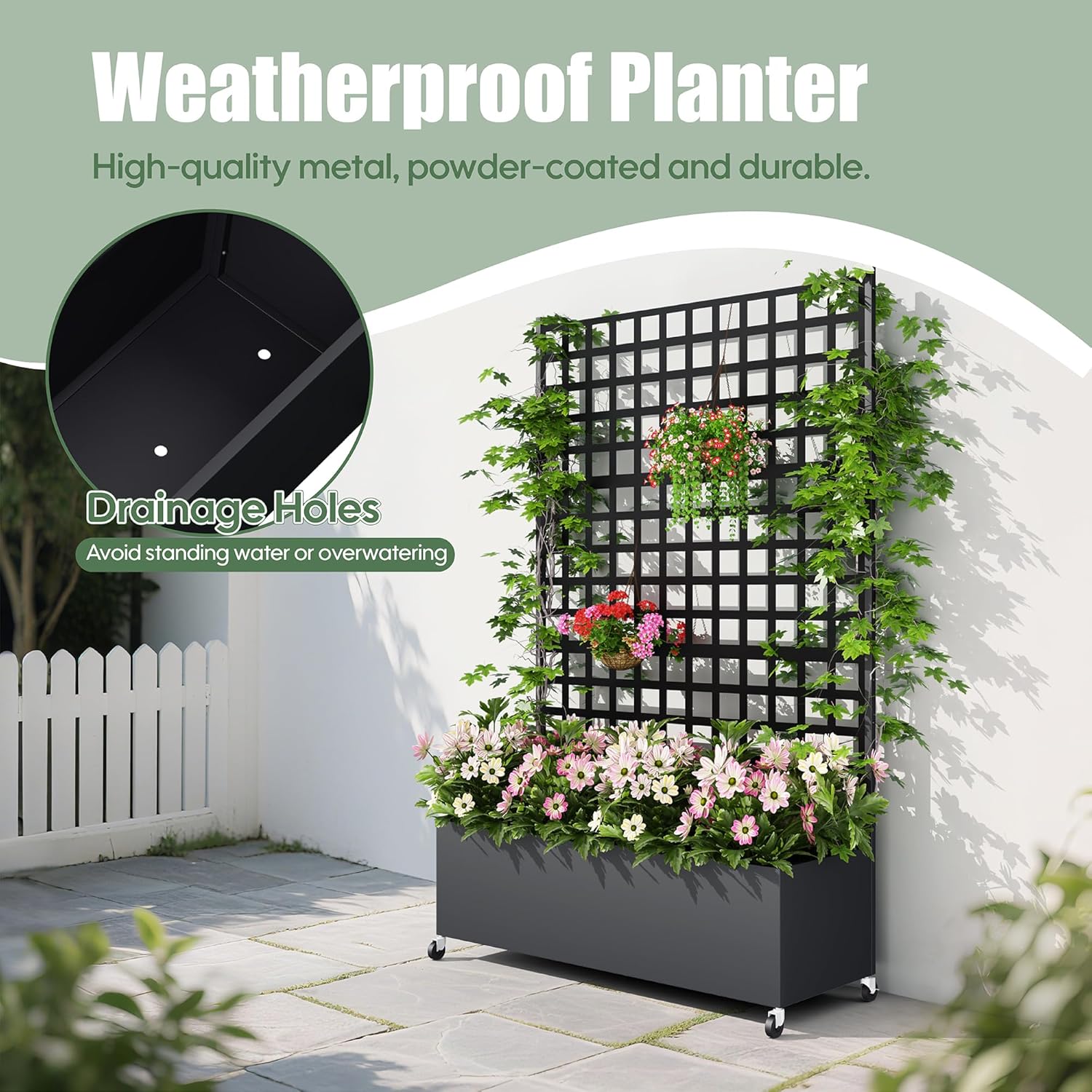 Metal Planter Box with Trellis Privacy Screen, Raised Garden Bed with Lattice Trellis & Wheels