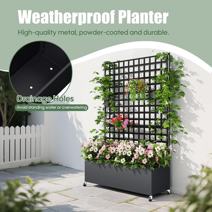 Metal Planter Box with Trellis Privacy Screen, Raised Garden Bed with Lattice Trellis & Wheels