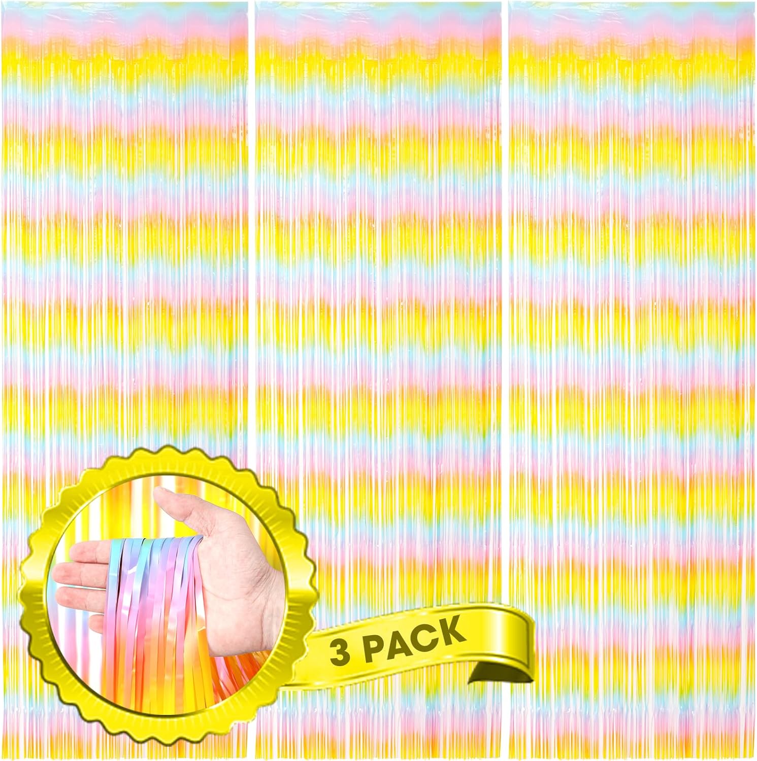 3 Pack 3.3 x 8.2 ft Pastel Rainbow Foil Fringe Backdrop Curtains, Tinsel Streamers Birthday Party