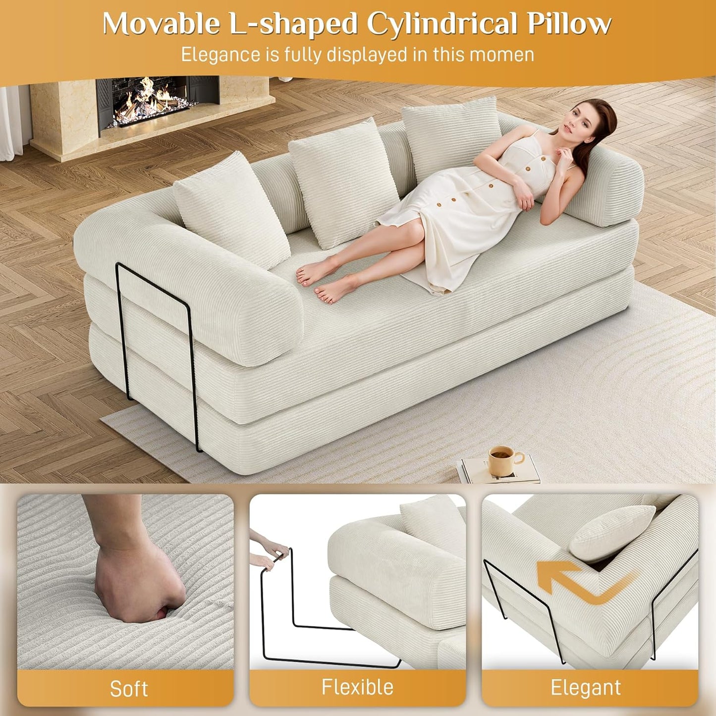 Convertible Sleeper Sofa Bed with Pillow, 4-in-1 Corduroy Folding Mattress Couch with Fixed-Shape