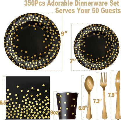 AIRE 350PCS Black and Gold Paper Plates Party Supplies for 50 Guests Party Decorations Disposable