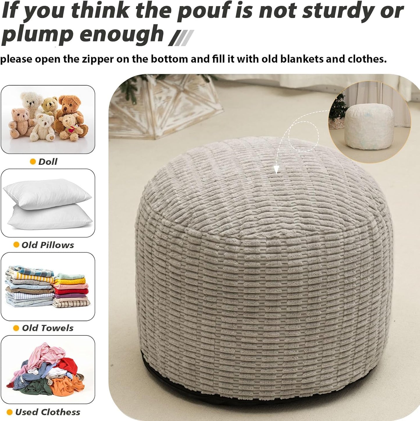 Round Stuffed Pouf Ottoman for Foot Rest, Storage Ottoman Pouf Foot Stool Cushion, Faux Fur Poufs