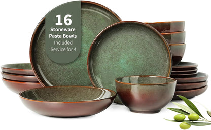 16 Piece Double Bowl Dinnerware Sets with Pasta Bowls, Highly Chip and Crack Resistant Plates and