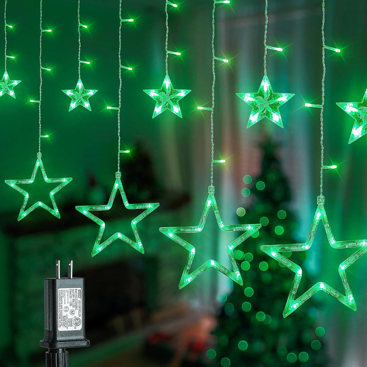 Green Star Icicle Lights,126LED 8.2FT Christmas String Lights with 8 Modes Waterproof,Clear Wire