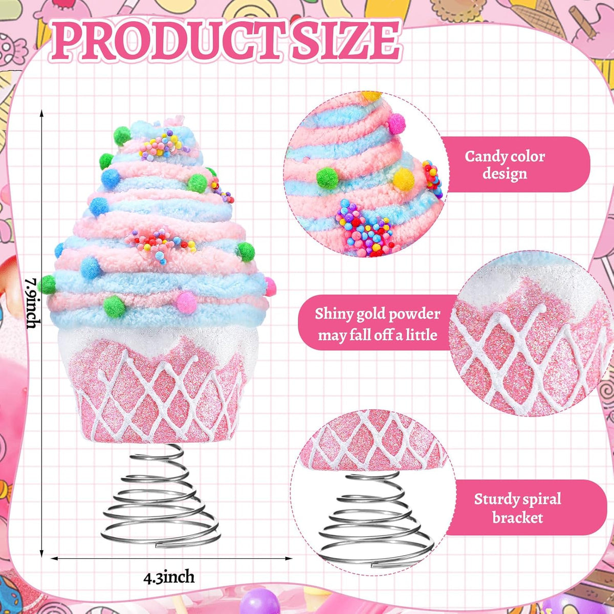 Retisee 7.9 Inch Pastel Dessert Christmas Tree Topper Pink Cupcake Tree Topper Candy Donut