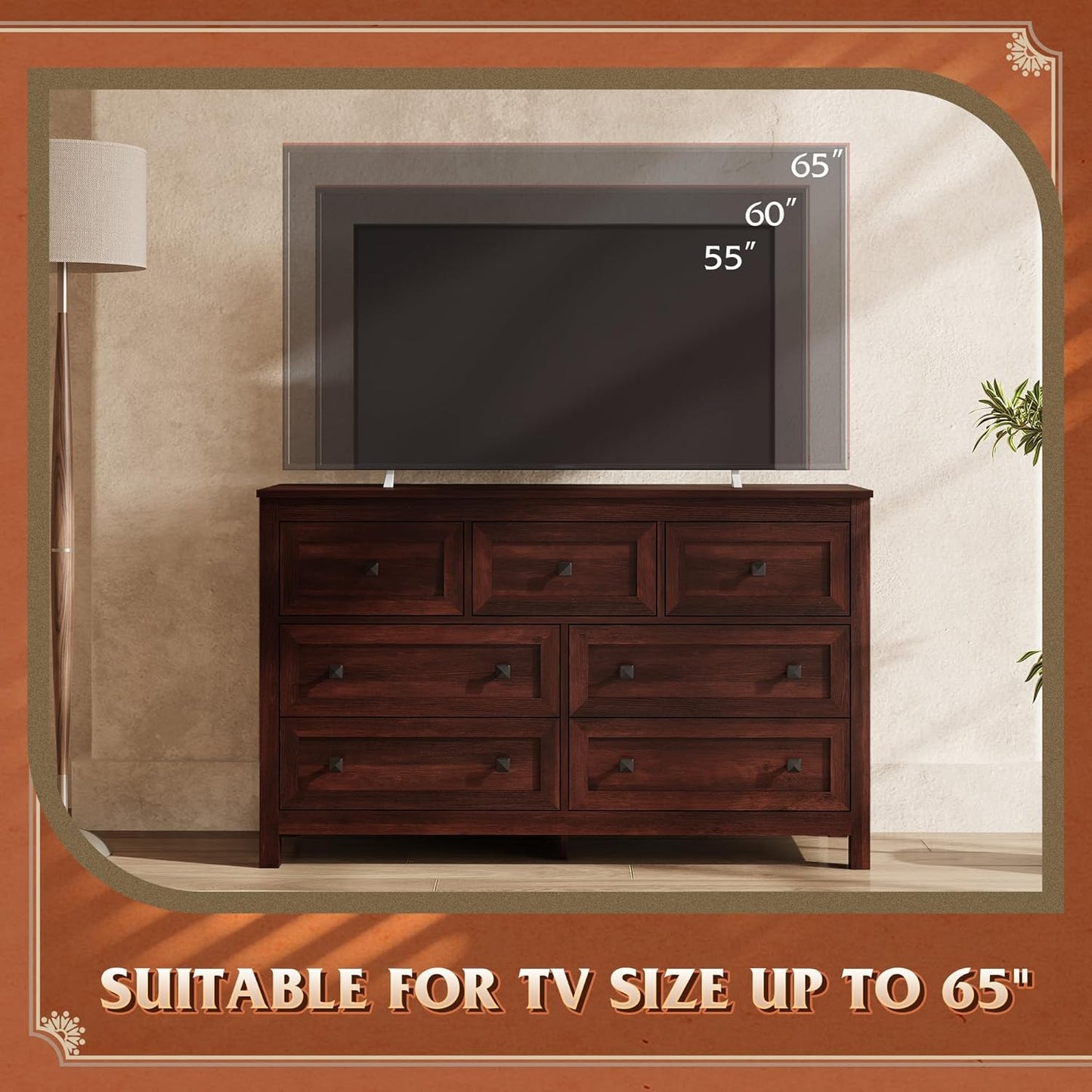 WLIVE Farmhouse Dresser for Bedroom, 51.18'' Wide 7 Drawer Wood Dresser, TV Stand for 65 inch TV