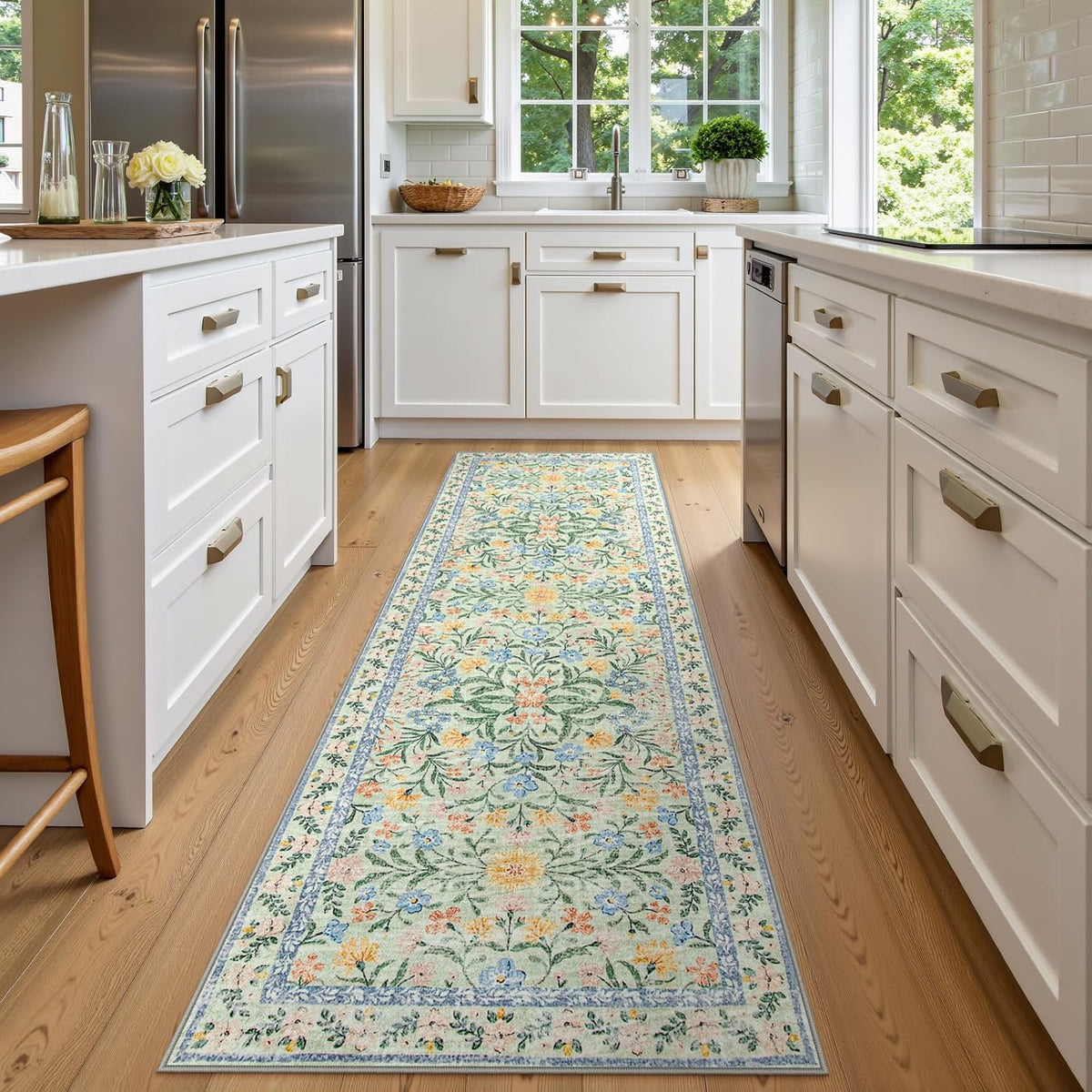Wonnitar Washable Runners for Hallways, 2'6''x8' Floral Green Runner Rug for Kitchen Bathroom, Boho