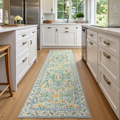 Wonnitar Washable Runners for Hallways, 2'6''x8' Floral Green Runner Rug for Kitchen Bathroom, Boho