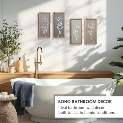 3D Wooden Floral Bathroom Wall Decor (Set of 4) Lightweight, Ready-to-Hang Framed Wall Art For