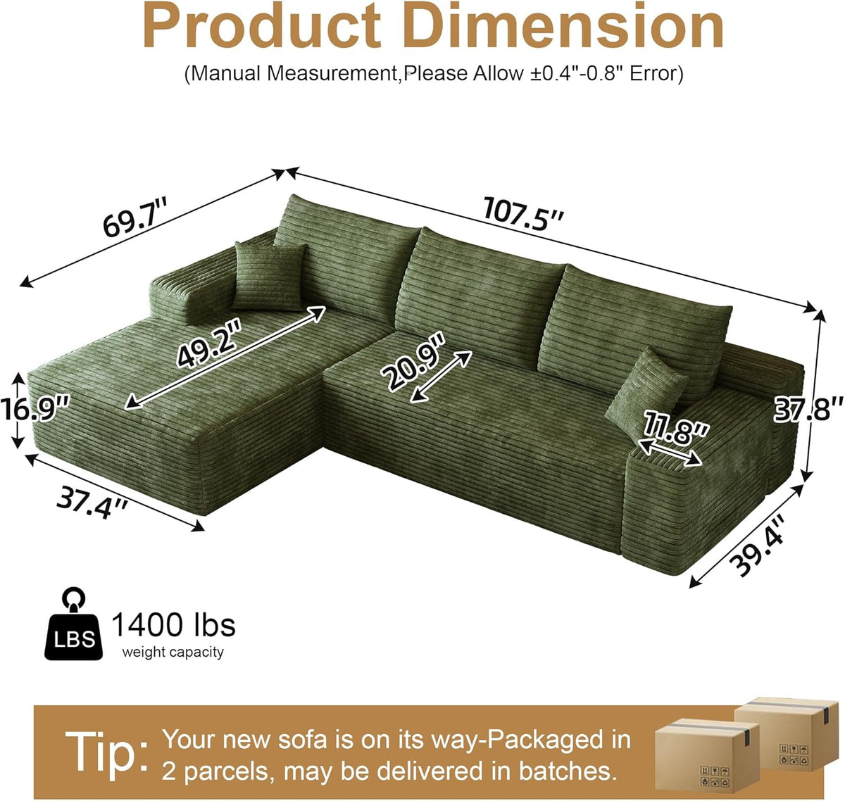 108" Sectional Couches for Living Room Modern Modular Sofa with L-Shape Couchs Upholstered Boneless