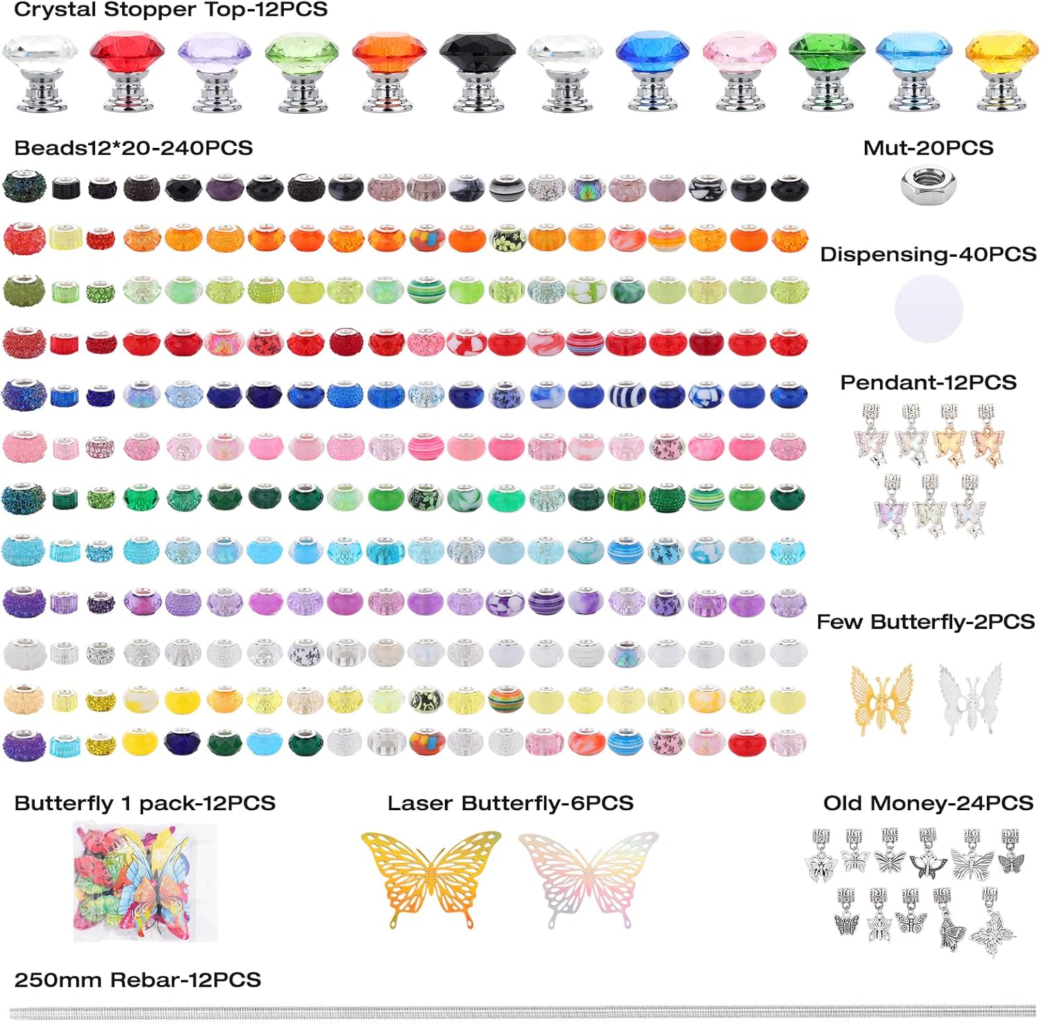 380pcs Beaded Garden Stake, DIY Butterfly Fairy Wand Garden Stake Kit with 10IN Threaded Rod