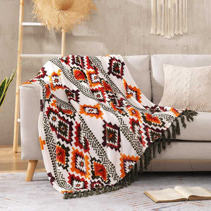 CASAAGUSTO Boho Throw Blanket - Orange and Green Decorative Blankets with Tassel, Printed Flannel