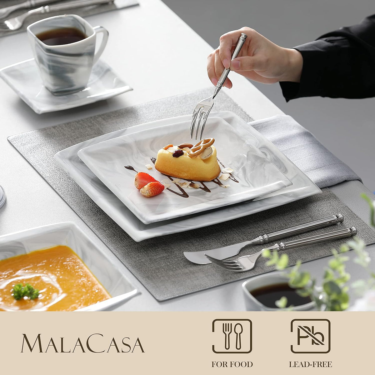 MALACASA Dinnerware Sets, 30 Piece Porcelain Plates and Bowls Sets for 6, Square Dish Set with