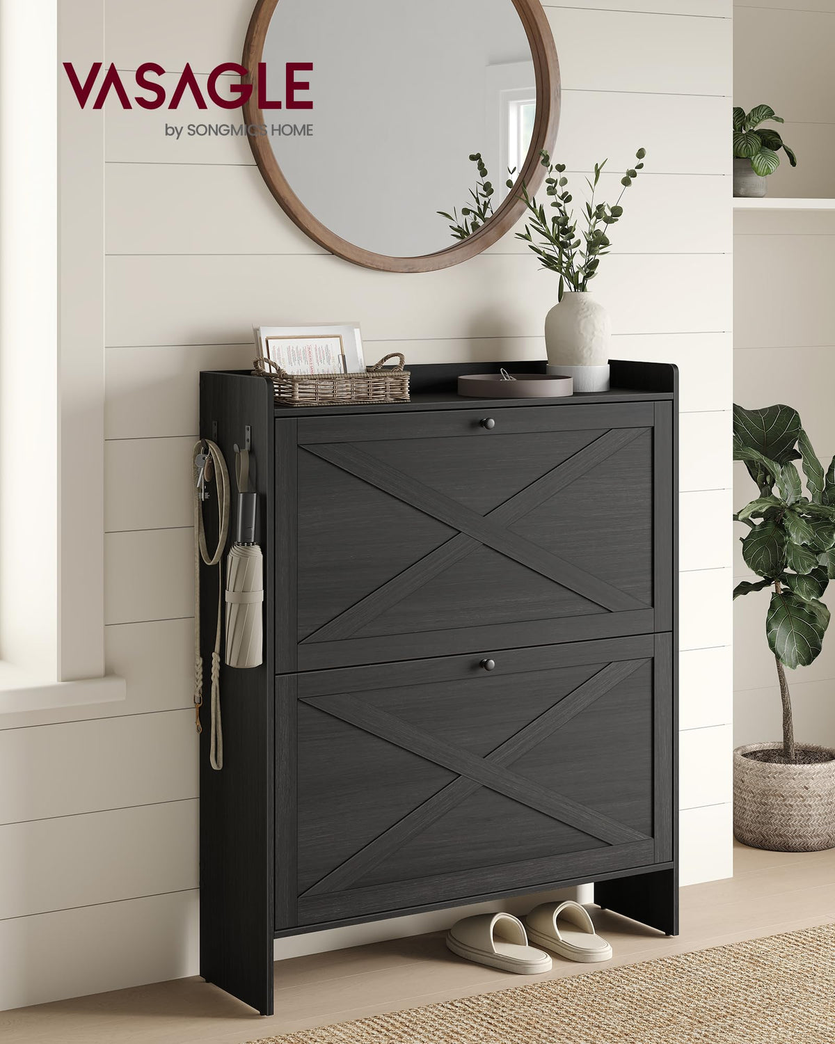 VASAGLE Narrow Shoe Storage Cabinet Organizer with 2 Flip Drawers