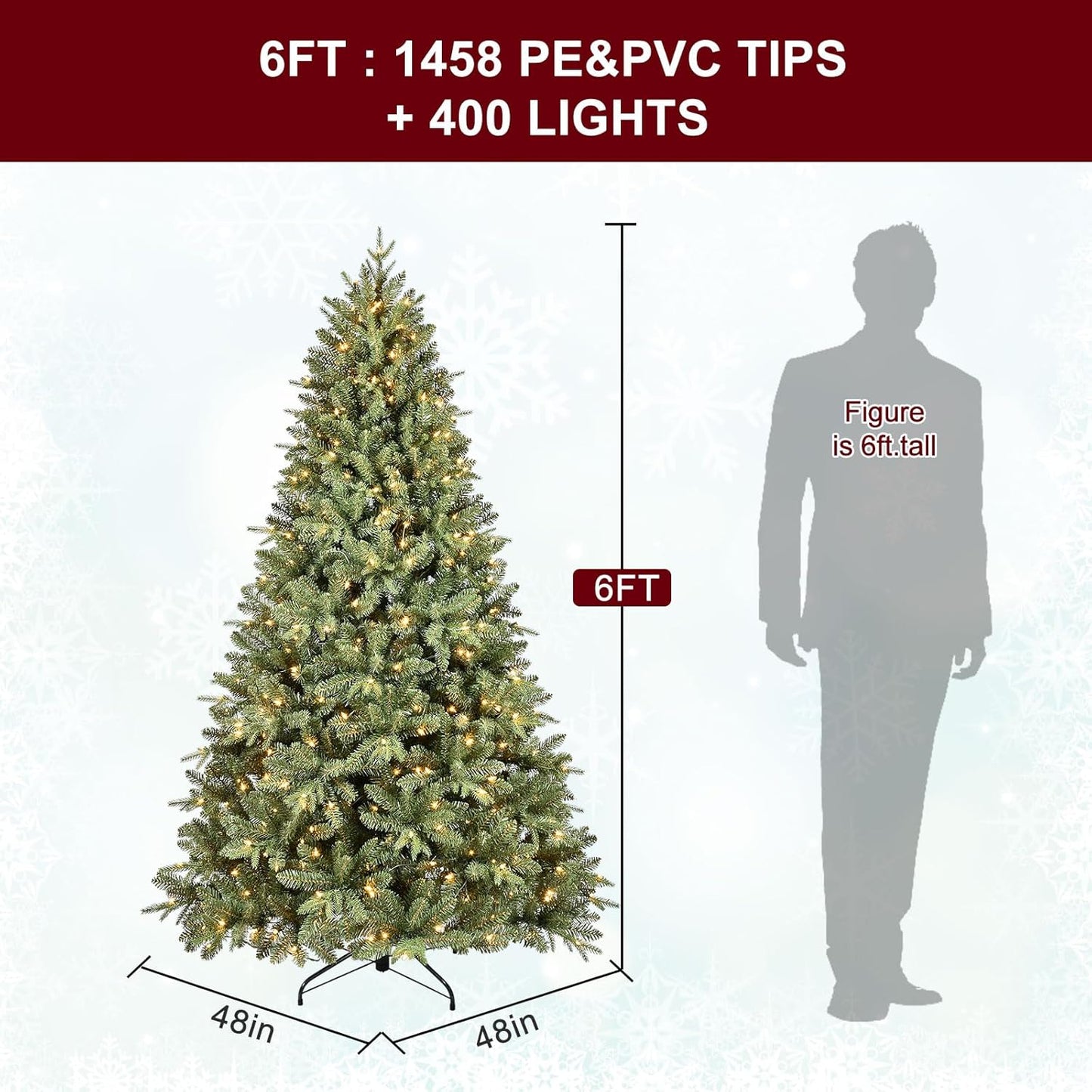 6FT Pre-Lit Artificial Christmas Tree with 1458 PE&PVC Mixed Branch Tips, 400 Warm White Lights
