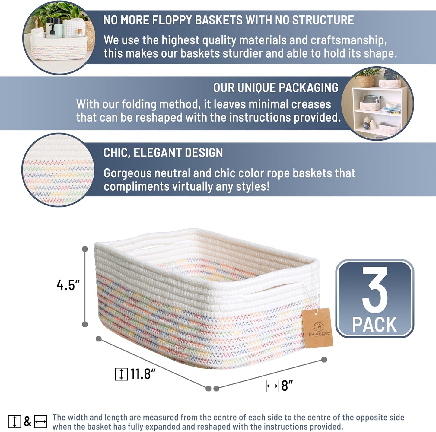 NaturalCozy 11.8"x8"x4.5” Rectangle Storage Baskets for Shelves 3 Pack | Cotton Rope Woven Small