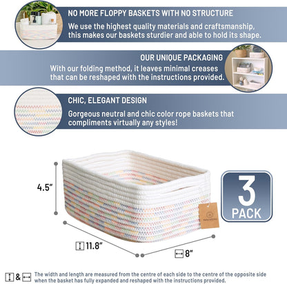 NaturalCozy 11.8"x8"x4.5” Rectangle Storage Baskets for Shelves 3 Pack | Cotton Rope Woven Small