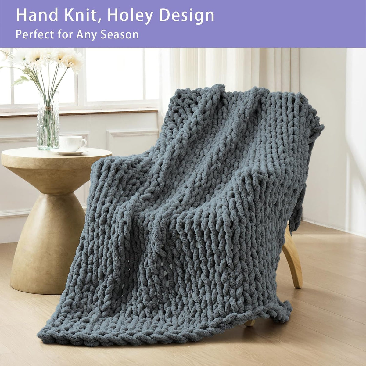 Bigacogo Chunky Knit Throw Blanket for Couch, 60x80 inches, 100% Hand Knitted with Thick Jumbo