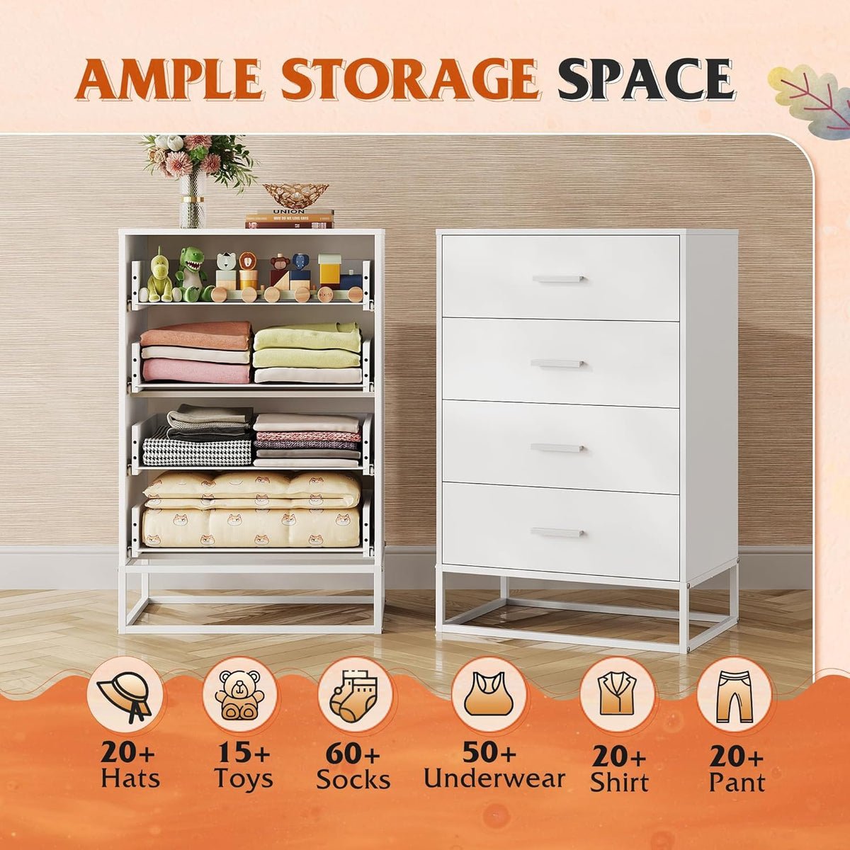 WLIVE White Wood Dresser for Bedroom with 4 Drawers, Tall Chest of Drawers with Sturdy Metal Frame