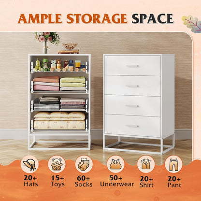 WLIVE White Wood Dresser for Bedroom with 4 Drawers, Tall Chest of Drawers with Sturdy Metal Frame