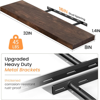 Floating Shelves for Wall, 32" Flat Edge Solid Elm Wood Floating Shelf, Wall-Mounted Display