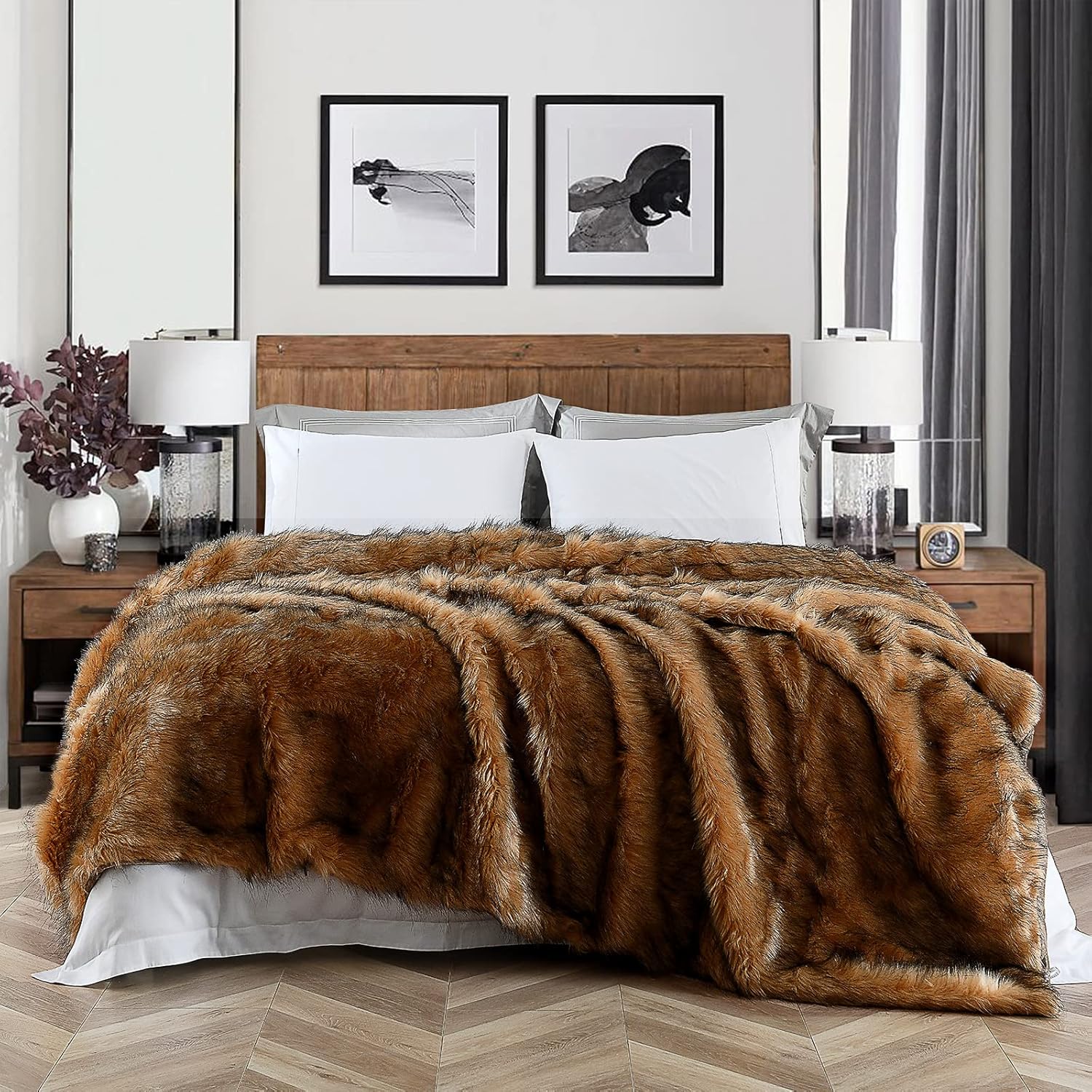 Luxury Plush Faux Fur Blanket Queen Size, Long Pile Brown with Black Tips, Oversized Super Warm