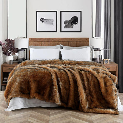 Luxury Plush Faux Fur Blanket King Size, Long Pile Brown with Black Tipped Throws, Oversized Super