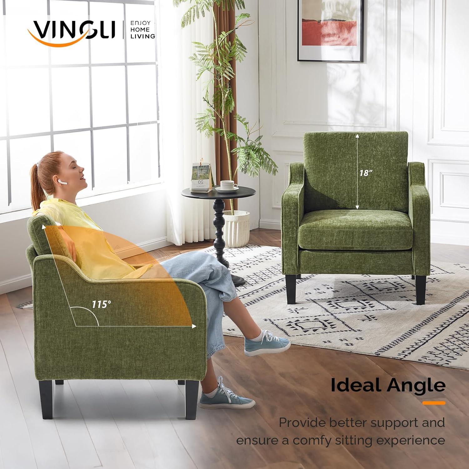VINGLI Accent Chairs Set of 2 Living Room Chairs Olive Green Reading Chair for Bedroom Scooped Arm