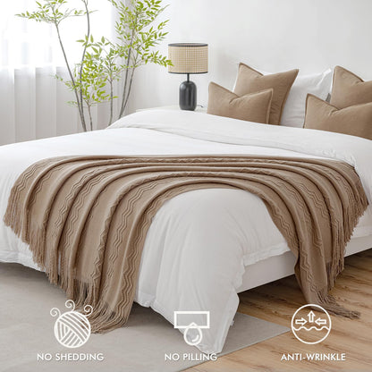 MIULEE Tan Taupe Knitted Throw Blanket for Couch Boho Textured Cozy Woven Blanket with Tassels for