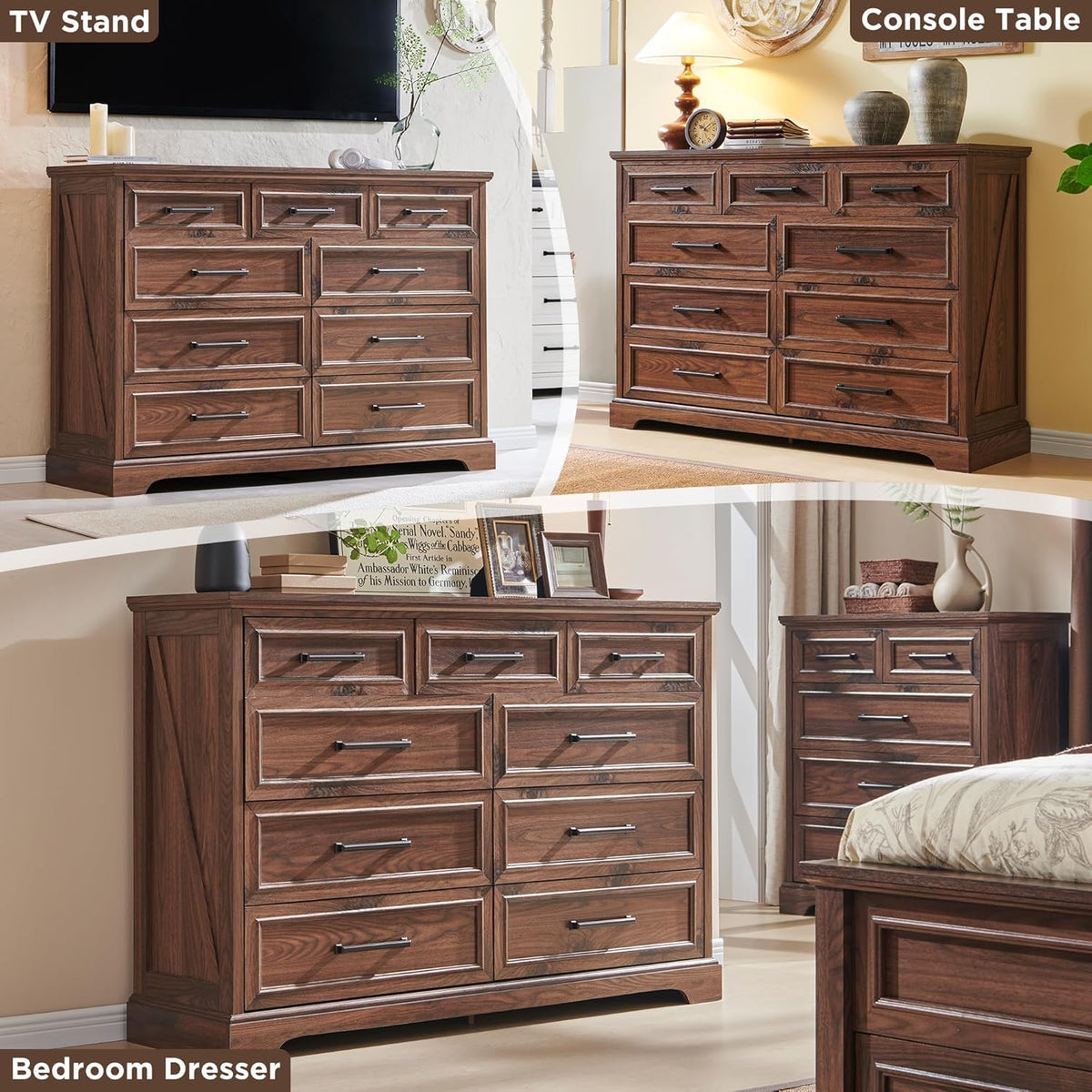 Farmhouse 9 Drawer Dresser for Bedroom, 36 Inch Tall Modern Dresser TV Stand with Large Drawers &