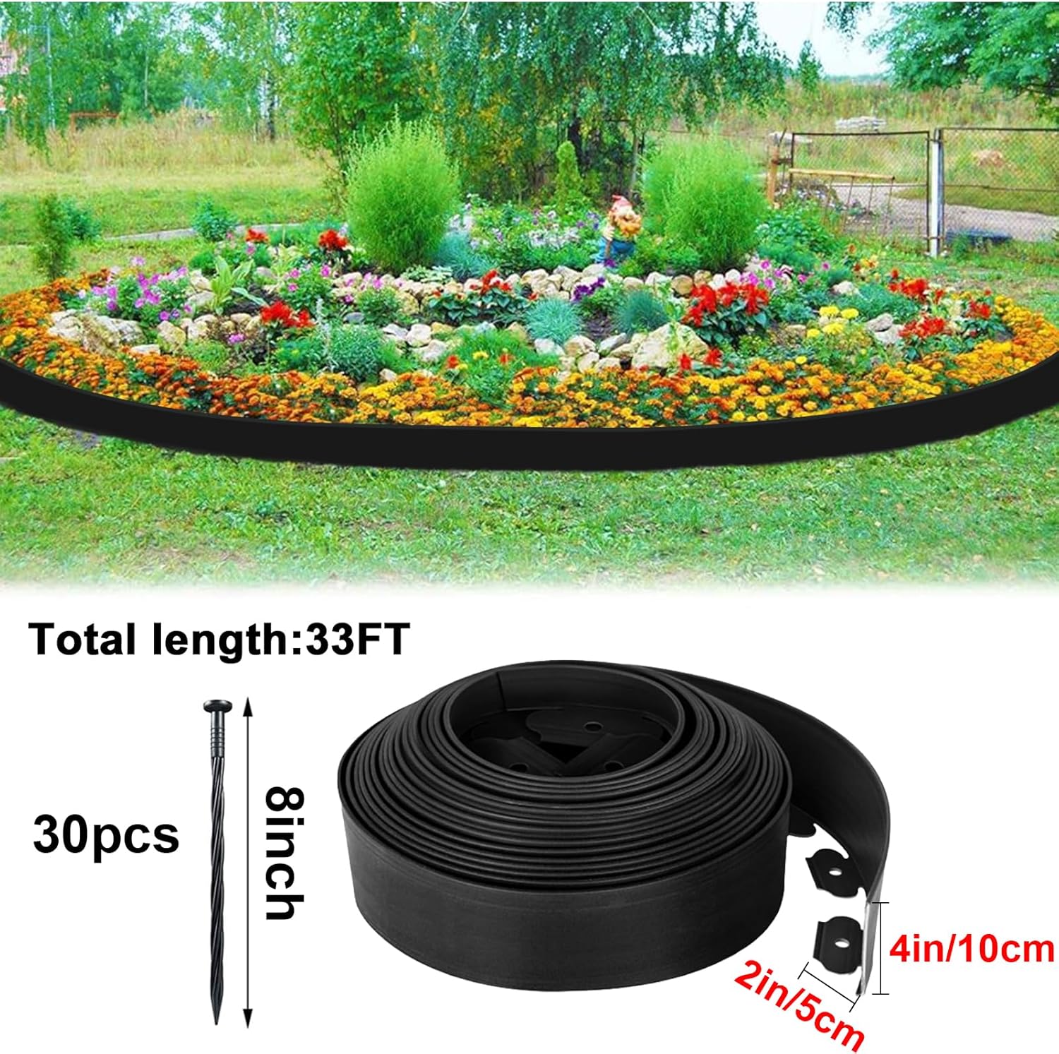 No Dig Garden Edging 33 FT Landscape Edging Extra Tall 4IN High, Landscape Edging with 30 Spikes