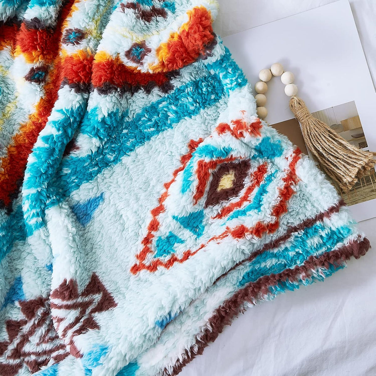CASAAGUSTO Boho Sherpa Throw Blanket, Aztec Queen Blanket, Ultra Soft, Warm, Cozy, Plush, Thick