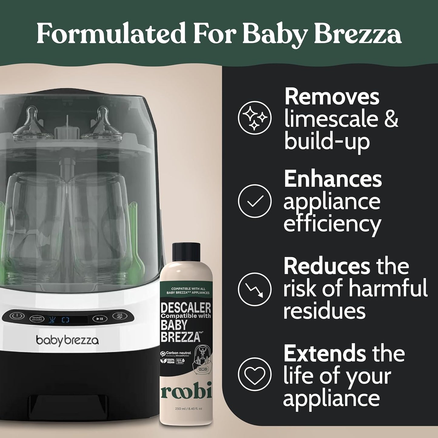 Roobi Descaling Solution Compatible with Baby Brezza. Specially Formulated to Clean & Descale Baby