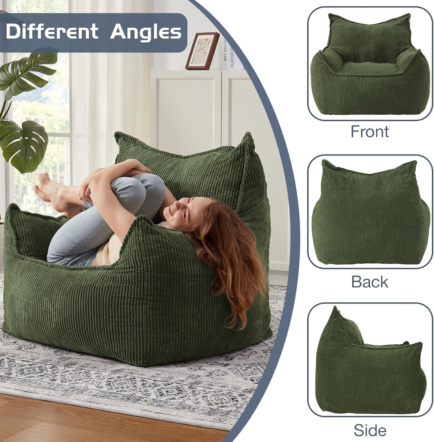 Giant Bean Bag Chair Sofa for Adults Teens, Comfy Corduroy Large Bean Bag Chairs with Armrests for